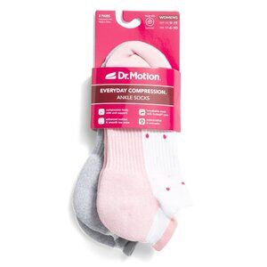 DR MOTION White/Pink 2pk Tri Color Dot Compression Ankle Socks